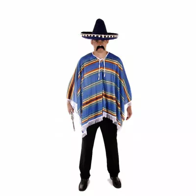 Adult Mens Mexican Spanish Blue Striped Poncho Fancy Dress Stage Night Costume • £139