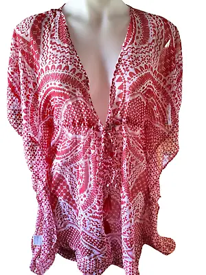 NONI B Beach Cover Up Kaftan Style Red & White Sheer Top Size L/XL • $20