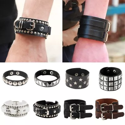 Gothic Punk Rivet Cuff Black Leather Bracelets Bangle Women Men Wristband Gifts • $2.99