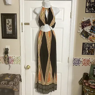 Bohemian Vcay Aztec Geo Open Rope Halter High Slit Thigh Sexy Maxi Dress-L • $19.99