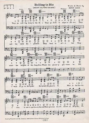 Vintage MT. MOUNT HOLYOKE COLLEGE Song Sheet - 'ROLLING TO RIO'  1929 Music - MA • $12.95