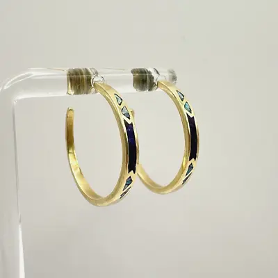 Vintage 14k Gold Fire Opal & Purple Mohave Turquoise Inlay Hoop Earrings 4.7g • $239.99