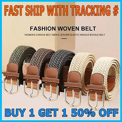 New Mens Womens Stretch Belt Braided Elastic Casual Woven Canvas Fabric Belt • $6.95