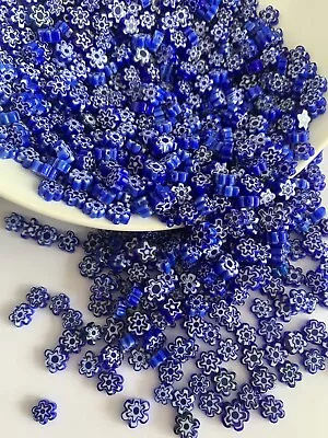 60 X Handmade Millefiori Medium Blue Glass Flower Beads • £3.99