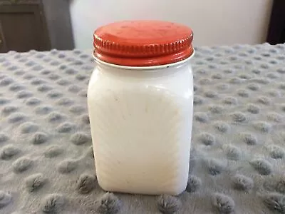 Vintage Milk Glass Spice Jar Red Aluminum Lid 3 1/2” White • $11.95