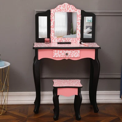$81.69 • Buy Three-Fold Mirror Single Drawer Arc Feet Children Dresser Red Leopard Print