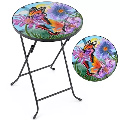 Folding Glass Table Garden Outdoor Patio Decoration Painted Round Top Christow • £27.49