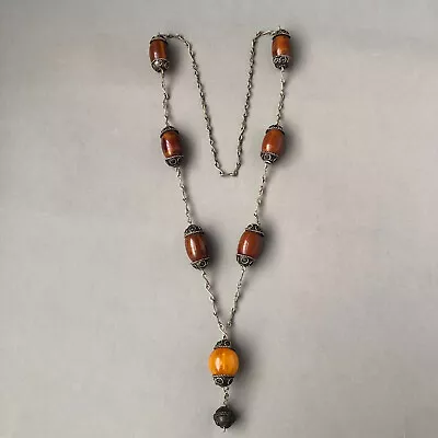 Vintage Tribal Ethnic Moroccan Butterscotch Amber Bakelite Silver Tone Necklace • $55