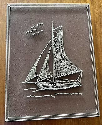 Vintage Silver Metal Wire String Nail Wall Art Mid Century Sail Boat Ship 12” • £22.80