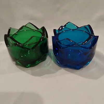 Set 2 Avon Vintage Cobalt Blue & Green Glass Handkerchief Votive Candle Holder  • $11