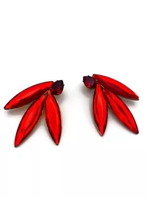 Vintage YSL Rive Gauche Red Swarovski Crystal Marquis Clip On Earrings 1980's • £332.55