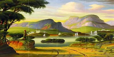 LANDSCAPE WITH CASTLE BOATS T. Chambers Tile Mural Backsplash Art Marble Ceramic • $134.59