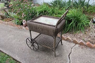 Antique Vintage Reed Wicker Tea Beverage Cart With Removable Tray #1760B • $500