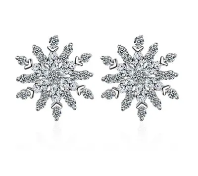 $10.95 • Buy Women 925 Sterling Silver Cubic Zirconia Snowflake Stud Earrings Gift Box K63