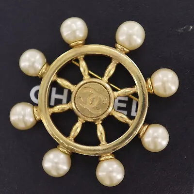 $1187.01 • Buy CHANEL CC Logos Rudder Used Pin Brooch Gold Plated Pearl 94P Vintage #BX377 S