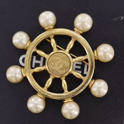 CHANEL CC Logos Rudder Used Pin Brooch Gold Plated Pearl 94P Vintage #BX377 S • $1107.88