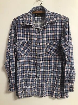 Vintage J C PENNEY Flannel Shirt Blue Red White Plaid Size M (15-15.5) • $18.99