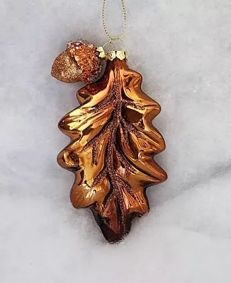 Golden Bronze Oak Leaf Glass Ornament With Separate Acorn Glitter Accents • $7.99