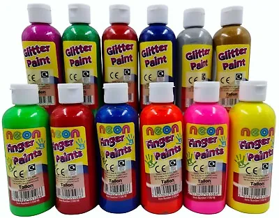 12 GLITTER NEON FINGER Paint Childrens Ready Mixed Non Toxic Kids Paints Bottles • £19.99