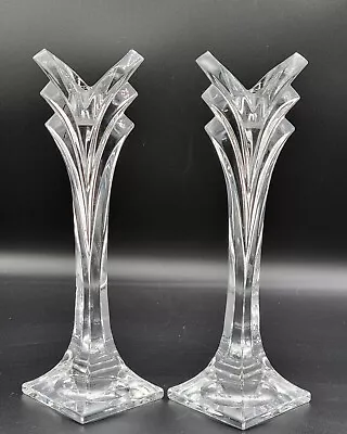 MIKASA Vintage Pair Candle Holders Art Deco Tulip Lead Crystal Collectible 9.5” • $39