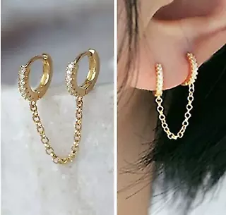 £3.79 • Buy 1 Pc Double Hoop Huggie Rhinestone Crystal With Chain Drop Dangle Earrings 