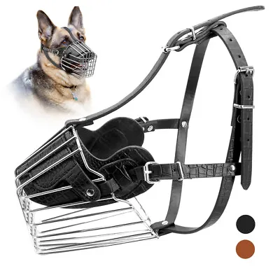 £16.79 • Buy Heavy Duty Leather Dog Muzzle Metal Wire Basket Cover Anti Bite Bark Chew Large