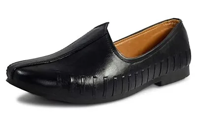 Mens Wedding Jutti Mojari Indian Groom Flat Shoe US Size 8-12 Elegant Black • £40.04