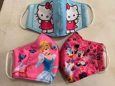 (3) Washable Face Mask Mickey Mouse Hello Kitty  Girls Kids Size 4-8yrs Princess • $8.95