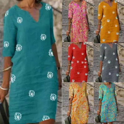 Short Sleeve Floral Midi Dress Ladies Casual V Neck Loose Kaftan Sundress Womens • $26.54