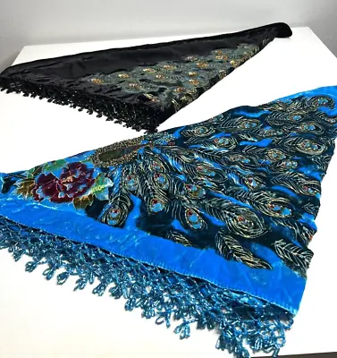 Vintage 1990s Silk & Rayon Peacock Embroidered Beaded Edges Shawls By LUCYS SILK • $50