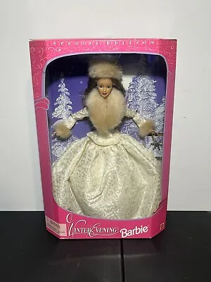 Vintage 1998 Mattel Winter Evening Barbie #192220 Fur Trim Gown Hat NIB Brunette • $19.99