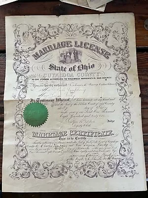 1861 Marriage Certificate Cuyahoga County Ohio Charles Vimpeny & Louisa Purdy • $95