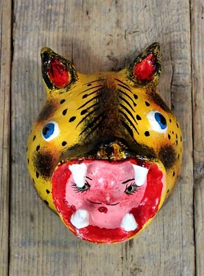$25 • Buy Aztec Warrior Jaguar Mask Coconut Handmade Hand Painted Guerrero Mexico Folk Art