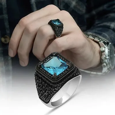 Men's Ring 925 Sterling Silver Turkish Handmade Jewelry Blue Topaz All Size • £44.33