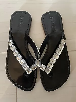 Mystique Rhinestone Black Sandals Size 6 • $16.99