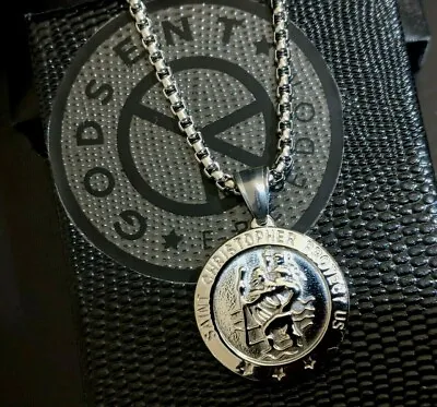 Mens Personalised Large St Christopher Silver Steel Necklace Protection Gift • £27.99