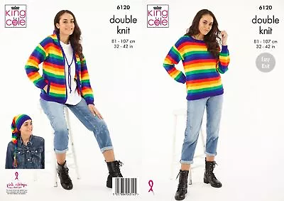 Knitting Pattern King Cole Ladies DK Double Knit Sweater Cardigan & Hat (6120) • £3.99