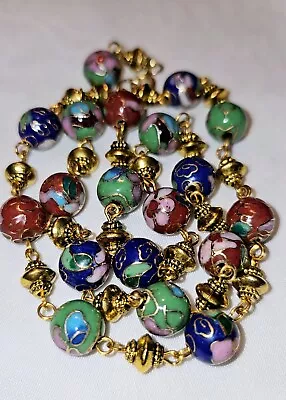 Vintage Necklace Glass Cloisonné Enamel Multi Color 22” Long • $48