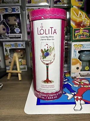 Lolita Christmas Drink Recipe Wine Glass Holiday Wishes Handpainted Sleigh Nib • £28.95