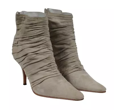 Manolo Blahnik Wrinkled Back Zip Booties US 8.5 EU 38.5 Beige Suede 90MM Heel • $284.15