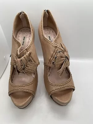 Miu Miu 38 US 8 Shoes Brown Tan Leather Bow Platform Peep Toe Zipper Stilettos • $63.98