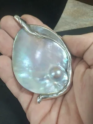 Vintage Freeform Sterling Silver 925 Blister Mother Of Pearl Round Pendant • $75