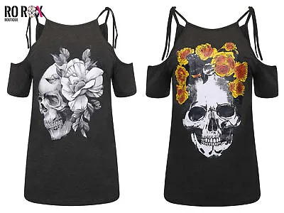 £6.99 • Buy Ro Rox Piper T-shirt Cold Shoulder Skull Roses Top Casual Punk Goth Style Womens
