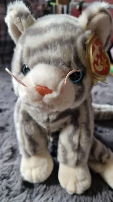 £8 • Buy Ty Beanie Buddy Silver The Cat Grey Striped 11  1999 Retired 