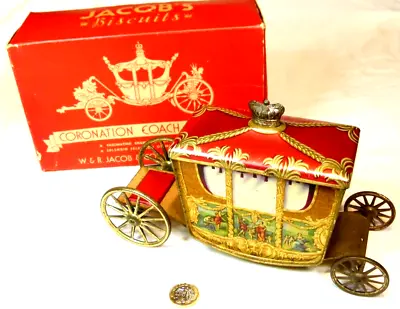 BOXED ANTIQUE JACOBS FIGURAL BISCUITS TIN 1936  CORONATION COACH  Advertising • £499.99