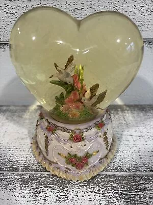 Vintage Heart Shaped Music Box Snow Globe W/ Two Doves & Roses • $19.99