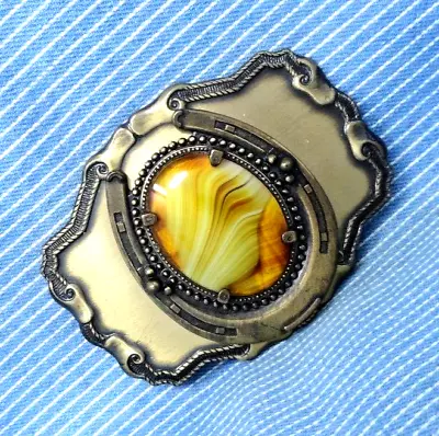 Western Horseshoe Belt Buckle Unique Layered Agate Cowboy Cowgirl Vtg 70s.TYC359 • $25.99