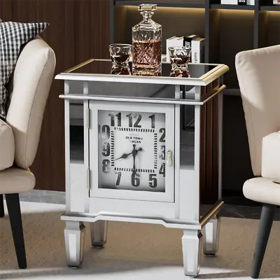 Modern Mirrored Nightstand Clock Side Table 1 Door Cabinet Living Room Bedroom • $125.90