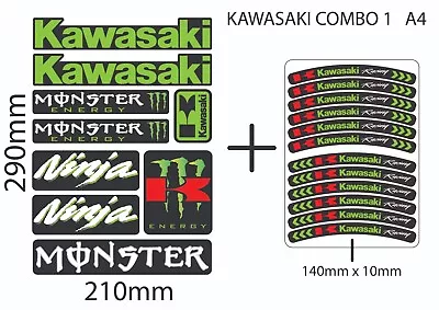 KAWASAKI Manufacturer Logos & Wheel Rim Stickers Decals Emblems Kit Pack. • £11.99