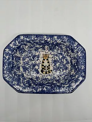 Molly Dallas Blue Spatterware  Striped Cat 7” Ceramic Dish 8 Sided Rectangle • $18